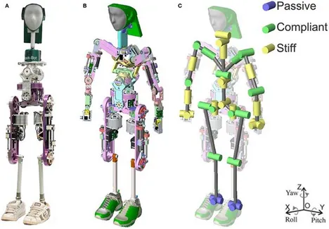 The pictures shows a photo ofgf the robot and a schematic presentation of te parts of the robot that are stiff or compliant.